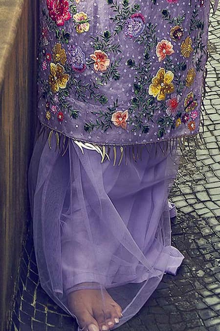 Shop_Surily G_Purple Silk Organza Plain Flared Bottom Pant  _at_Aza_Fashions