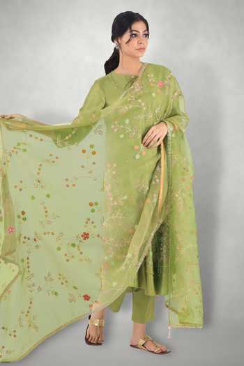 I Am Design_Green Cotton , Silk Organza, Linen Aari Embroidered Kurta Pant Set _Online_at_Aza_Fashions