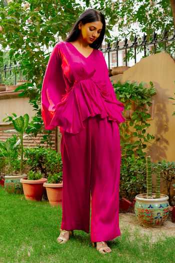 Shop Omana By Ranjana Bothra Pink Satin V-neck Cowl Sleeve Top And Wide Legged Trouser Set at Aza Fashions Shop_Omana By Ranjana Bothra_Pink Satin V-neck Cowl Sleeve Top And Wide Legged Trouser Set _at_Aza_Fashions