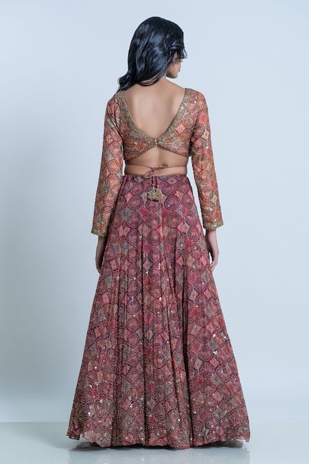 Shop Nautanky Brown Blouse- Viscose Silk, Lehenga And Dupatta- Organza Print Bridal Set at Aza Fashions Shop_Nautanky_Brown Blouse- Viscose Silk, Lehenga And Dupatta- Organza Print Bridal Set _at_Aza_Fashions