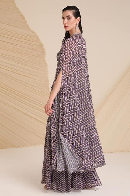 Divya Aggarwal_Purple Georgette Printed Bustier Sweetheart Neck Aubree Cape Sharara Set _Online_at_Aza_Fashions