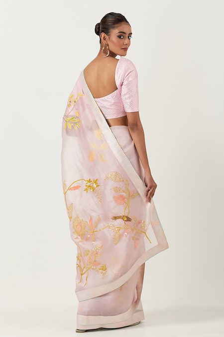 Shop_Label Earthen_Pink Organza Silk Embroidered Floral Sweetheart Neck Saree With Blouse _at_Aza_Fashions