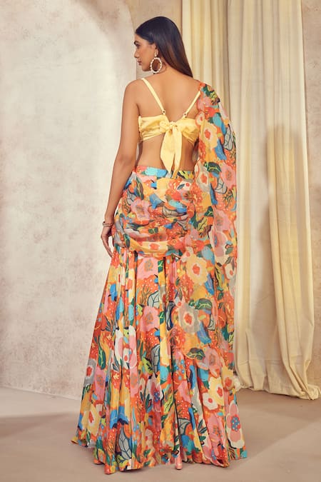 Affroz Abstract Floral Print Lehenga Saree With Cowl Neck Top 