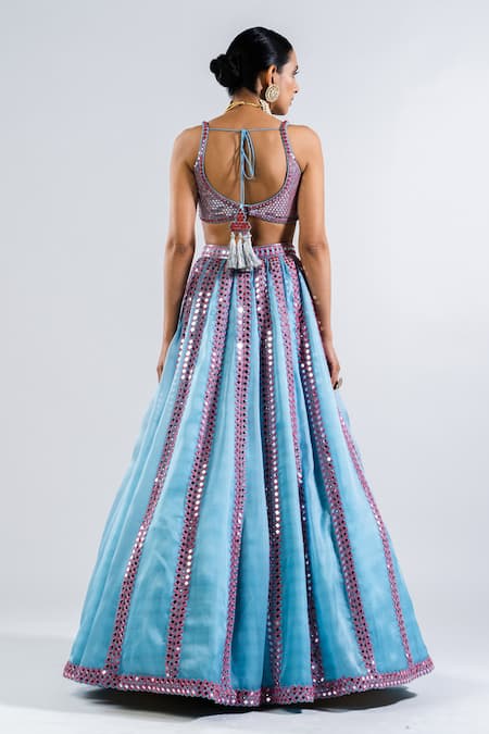 Shop Vvani By Vani Vats Blue Georgette, Satin Sequins, Mirrors Plunge Embellished Bridal Lehenga Set at Aza Fashions Shop_Vvani By Vani Vats_Blue Georgette, Satin Sequins, Mirrors Plunge Embellished Bridal Lehenga Set _at_Aza_Fashions