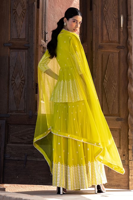 Shop_Preevin_Green Cotton, Tulle Embroidery, Mirrors Leaf Pattern Peplum Angrakha Sharara Set _at_Aza_Fashions