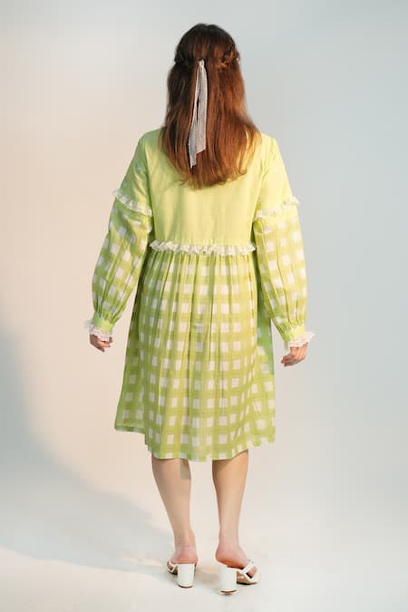 Jyoti Bansal_Green Cotton Embroidery, Lace Round Neck Chequered Pattern Midi Dress _Online_at_Aza_Fashions