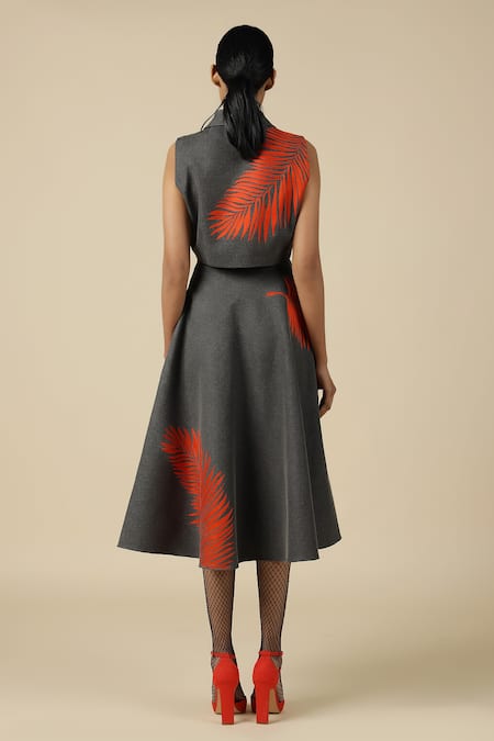 Shop_Shahin Mannan_Grey Denim Embroidery Shawl Neck Big Leaf Wrap Crop Top With Circular Skirt _at_Aza_Fashions