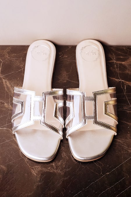 Shop_Myra_Silver Plain Leather H-pattern Flats _at_Aza_Fashions
