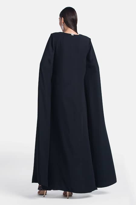 Shop_431-88 by Shweta Kapur_Black Japanese Crepe Plain V Neck Neha Fall Drape Cape  _at_Aza_Fashions