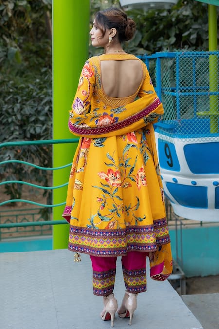 Irrau By Samir Mantri Multi Color Organza, Denim Embroidery V-neck Vintage Floral Print Anarkali Set Online at Aza Fashions Irrau By Samir Mantri_Multi Color Organza, Denim Embroidery V-neck Vintage Floral Print Anarkali Set _Online_at_Aza_Fashions