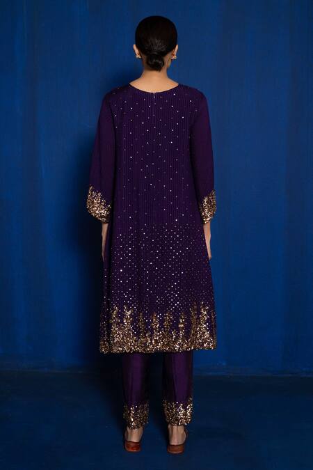 Shop_Romaa_Purple Chinon Hand Embroidered Sequins Round Kurta And Pant Set  _at_Aza_Fashions
