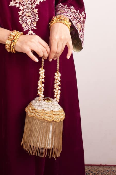 Shop Forever Noor Gold Embellished Bucket Bag at Aza Fashions Shop_Forever Noor_Gold Embellished Bucket Bag _at_Aza_Fashions