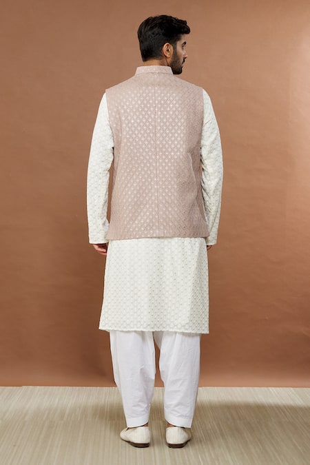 Aham-Vayam Beigeish Grey Geometric Embroidered Nehru Jacket 