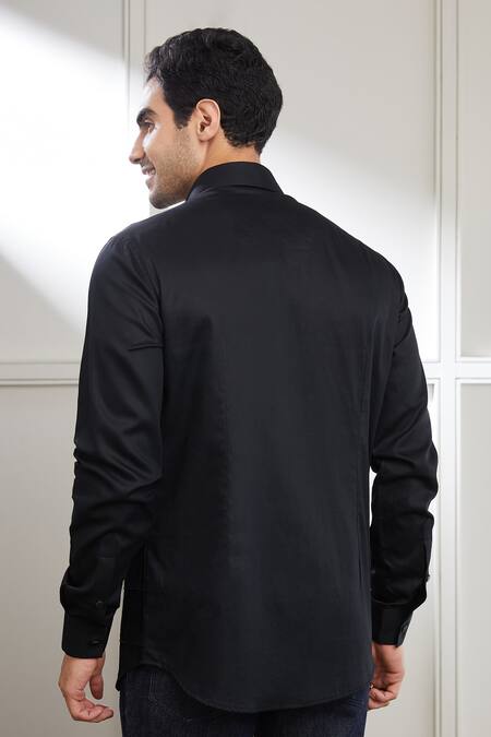Shop_Seven_Black Cotton Satin Embroidery, Sequins Pintuck Square Pattern Shirt _at_Aza_Fashions