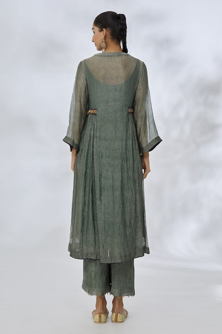 Itrh_Green Silk Tissue Placement Embroidery Golden Disc Round Collar Kurta Set _Online_at_Aza_Fashions