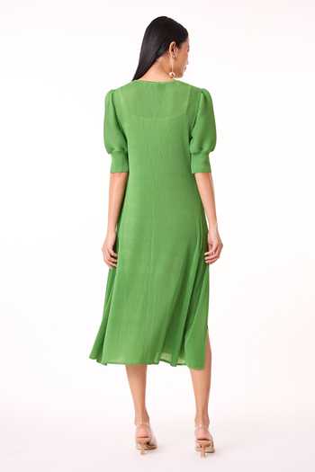 Shop Scarlet Sage Green Polyester Round Neck Pear Puff Sleeve Midi Dress at Aza Fashions Shop_Scarlet Sage_Green Polyester Round Neck Pear Puff Sleeve Midi Dress_at_Aza_Fashions