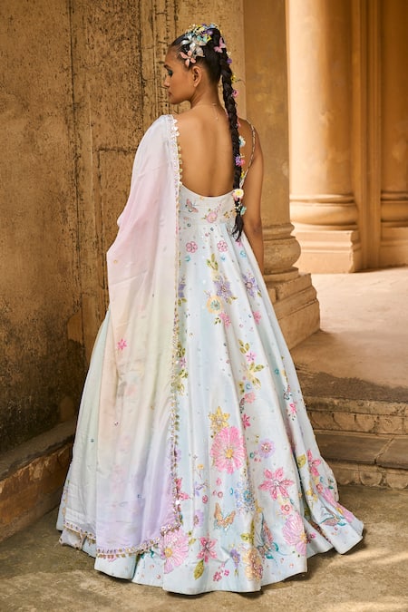 Shop Lashkaraa Blue Velvet, Satin Cut Work, Sequins, Floral Cutdana Anarkali Set With Dupatta at Aza Fashions Shop_Lashkaraa_Blue Velvet, Satin Cut Work, Sequins, Floral Cutdana Anarkali Set With Dupatta_at_Aza_Fashions