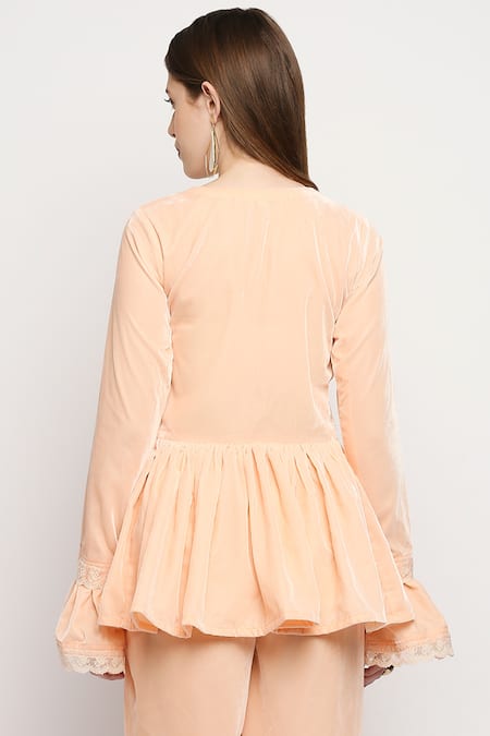 Shop Monk & Mei By Sonia Anand Peach Velvet Embroidery Round Neck Taj Peplum Jacket at Aza Fashions Shop_Monk & Mei By Sonia Anand_Peach Velvet Embroidery Round Neck Taj Peplum Jacket _at_Aza_Fashions