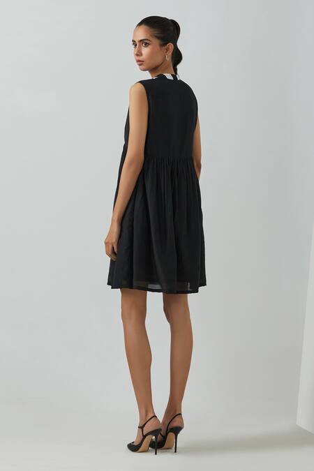 Shop The Indian Cause Black Chanderi Bandeau Neck Amore Placket Short Dress at Aza Fashions Shop_The Indian Cause_Black Chanderi Bandeau Neck Amore Placket Short Dress_at_Aza_Fashions