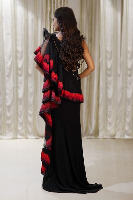 Shop_Archana Kochhar_Black Net, Silk Fringe One Shoulder Cosmic Fireburst Embroidered Frill Gown _at_Aza_Fashions
