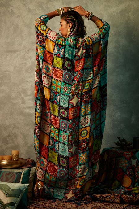 Shop Esha L Amin Multi Color Modal, Satin V-neck Tile Print Drawstring Kaftan at Aza Fashions Shop_Esha L Amin_Multi Color Modal, Satin V-neck Tile Print Drawstring Kaftan _at_Aza_Fashions