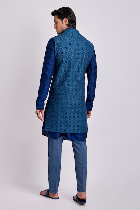 Shop_Bubber Couture_Blue Silk Embroidery Alexander Geometric Sherwani Jacket _at_Aza_Fashions