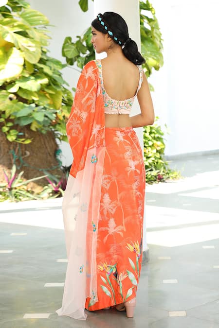 Tarini Vij Toucan Print Stitched Saree With Embroidered Blouse 