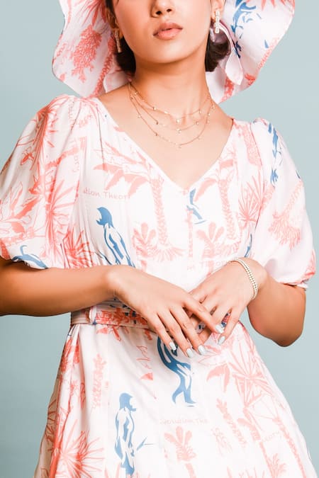 Shop The Dramebaaz CO White Muslin, Silk V-neck Safari Print Puff Sleeve Dress at Aza Fashions Shop_The Dramebaaz CO_White Muslin, Silk V-neck Safari Print Puff Sleeve Dress _at_Aza_Fashions
