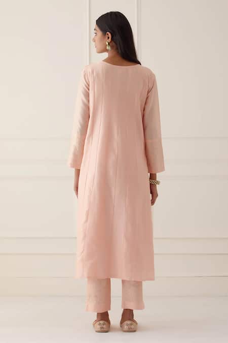 Kamaltaas_Peach , Silk Embroidery Split V-neck Yoke Anarkali Pant Set _Online_at_Aza_Fashions