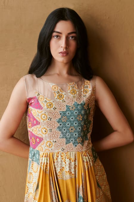 Shop Studio Radical Multi Color Silk Satin Sequins Round Neck Marrakech Print Dress at Aza Fashions Shop_Studio Radical_Multi Color Silk Satin Sequins Round Neck Marrakech Print Dress _at_Aza_Fashions