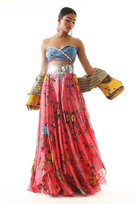 Shop Mahima Mahajan Multi Color Organza, Satin Mirrors, Embroidery Printed Short Jacket Lehenga Set at Aza Fashions Shop_Mahima Mahajan_Multi Color Organza, Satin Mirrors, Embroidery Printed Short Jacket Lehenga Set _at_Aza_Fashions