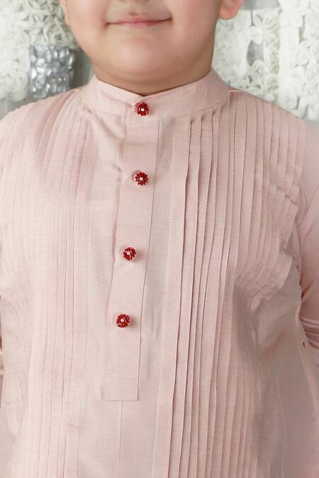 Shop_Darleen Kids Couture_Pink Cotton, Silk, Embroidery Band Collar Kurta And Pant Set _at_Aza_Fashions