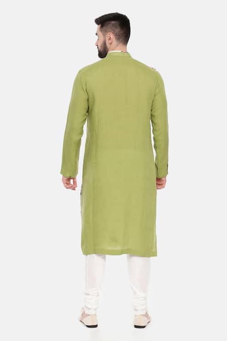 Shop Mayank Modi - Men Green Linen, Muslin Printed Long Kurta And Pant Set at Aza Fashions Shop_Mayank Modi - Men_Green Linen, Muslin Printed Long Kurta And Pant Set _at_Aza_Fashions