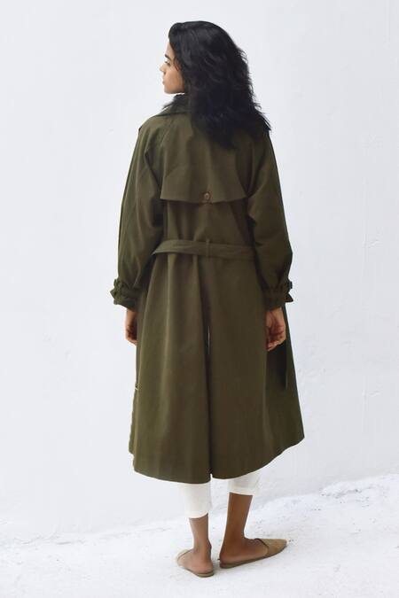 Shop_Kharakapas_Green Twill Double Breasted Trench Coat _at_Aza_Fashions