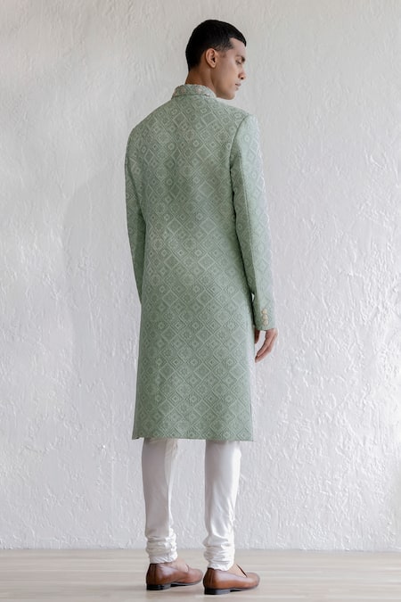 Shop Qbik Green Jacquard, Cotton, Silk, Wool Maqbul Sherwani Set With Darbar Stole at Aza Fashions Shop_Qbik_Green Jacquard, Cotton, Silk, Wool Maqbul Sherwani Set With Darbar Stole_at_Aza_Fashions