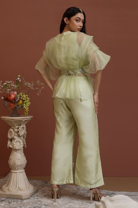 Shop Neha Poddar Green Top And Belt Organza & Bustier & Pant Sheer & Floral Applique Work Set at Aza Fashions Shop_Neha Poddar_Green Top And Belt Organza & Bustier & Pant Sheer & Floral Applique Work Set _at_Aza_Fashions