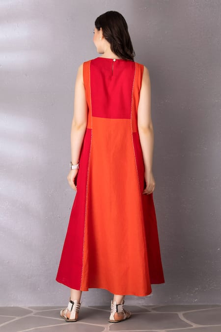 Shop Tanu Malhotra Red Cotton, Linen Embroidery Round Neck Flared Colour Block Dress at Aza Fashions Shop_Tanu Malhotra_Red Cotton, Linen Embroidery Round Neck Flared Colour Block Dress _at_Aza_Fashions