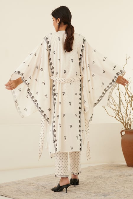 Shop Cotton And Clay White Silk, Modal Pearls, Embroidery Beluga Hand Block Print Jacket Trouser Set at Aza Fashions Shop_Cotton And Clay_White Silk, Modal Pearls, Embroidery Beluga Hand Block Print Jacket Trouser Set _at_Aza_Fashions