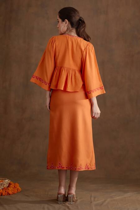 Shop Nikasha Orange Cotton, Silk, Rayon Beads Placement Embroidered Top And A-line Skirt Set at Aza Fashions Shop_Nikasha_Orange Cotton, Silk, Rayon Beads Placement Embroidered Top And A-line Skirt Set _at_Aza_Fashions