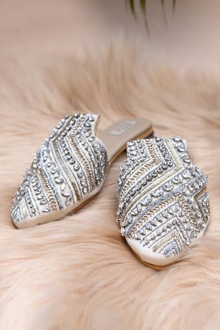 Shop_Jutti Express_Gold Embroidered Crystal Mules _at_Aza_Fashions