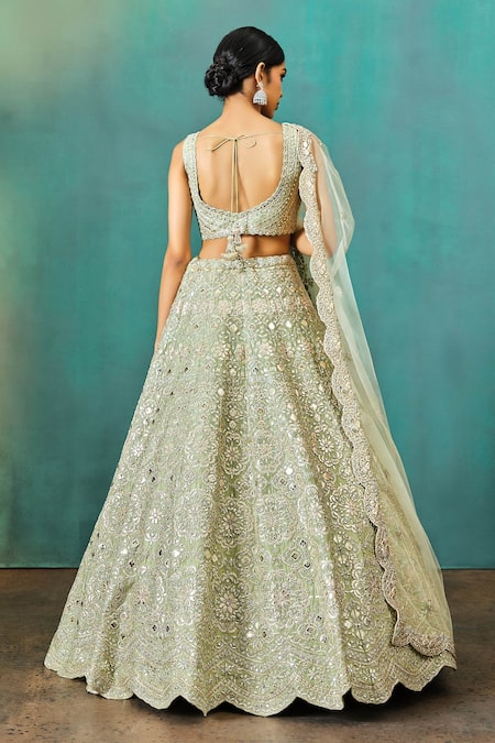 Shop Aneesh Agarwaal Green Net, Linen Embroidery, Sequins, Floral Applique Pattern Bridal Lehenga Set at Aza Fashions Shop_Aneesh Agarwaal_Green Net, Linen Embroidery, Sequins, Floral Applique Pattern Bridal Lehenga Set _at_Aza_Fashions