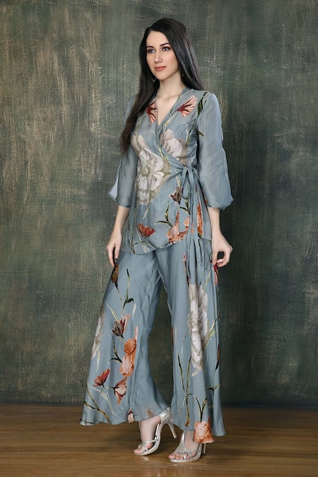 Shop Whimsical By Shica Blue Organza, Satin Beads V-neck Contrast Floral Print Top With Pant at Aza Fashions Shop_Whimsical By Shica_Blue Organza, Satin Beads V-neck Contrast Floral Print Top With Pant _at_Aza_Fashions