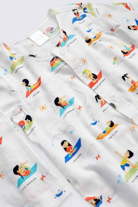 Shop Nigh Nigh White 100% Cotton Printed Yoga Night Suit Set at Aza Fashions Shop_Nigh Nigh_White 100% Cotton Printed Yoga Night Suit Set_at_Aza_Fashions