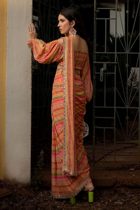Paulmi And Harsh_Multi Color Georgette, Crepe Cut Work, Sequins, Striped Pre-draped Saree Set _Online_at_Aza_Fashions