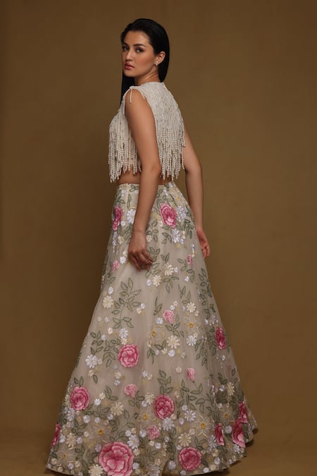 Shop_Shriya Som_Off White Tulle Embroidery Floral Bloom Skirt  _at_Aza_Fashions
