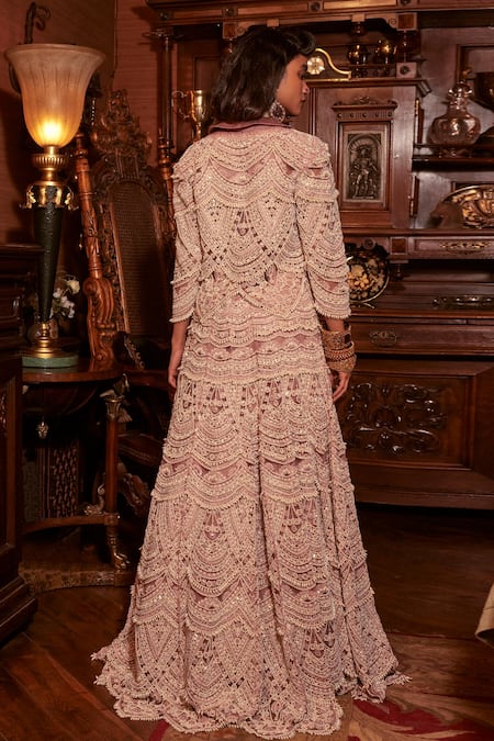 Shop Ridhima Bhasin Purple Organza And Cotton Rubaab Asymmetric Pearl Jacket Skirt Set at Aza Fashions Shop_Ridhima Bhasin_Purple Organza And Cotton Rubaab Asymmetric Pearl Jacket Skirt Set _at_Aza_Fashions