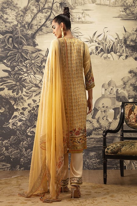 Shop Kalista Yellow Crepe, Georgette Embroidery, Cut Work, Asmee Printed Straight Kurta Set at Aza Fashions Shop_Kalista_Yellow Crepe, Georgette Embroidery, Cut Work, Asmee Printed Straight Kurta Set _at_Aza_Fashions