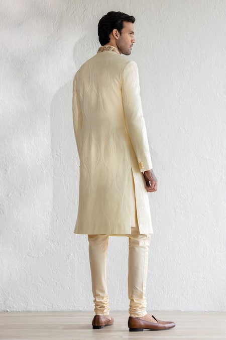 Shop_Qbik_Cream Sherwani Self Design Jameel Set_at_Aza_Fashions
