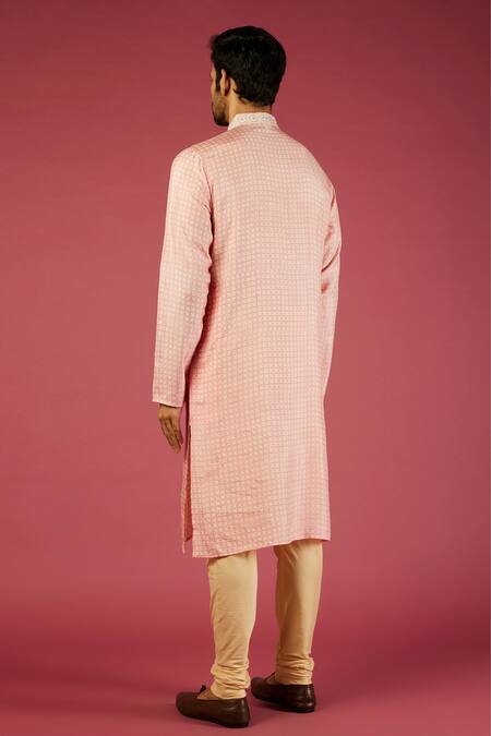 Shop Krishna Mehta Pink Tussar Printed Geometric Kurta Set at Aza Fashions Shop_Krishna Mehta_Pink Tussar Printed Geometric Kurta Set _at_Aza_Fashions