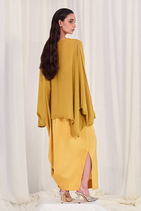 Shop AK-OK Yellow Silk Beads, Embroidery Split V-, Round Yoke Kurta Skirt Set at Aza Fashions Shop_AK-OK_Yellow Silk Beads, Embroidery Split V-, Round Yoke Kurta Skirt Set _at_Aza_Fashions